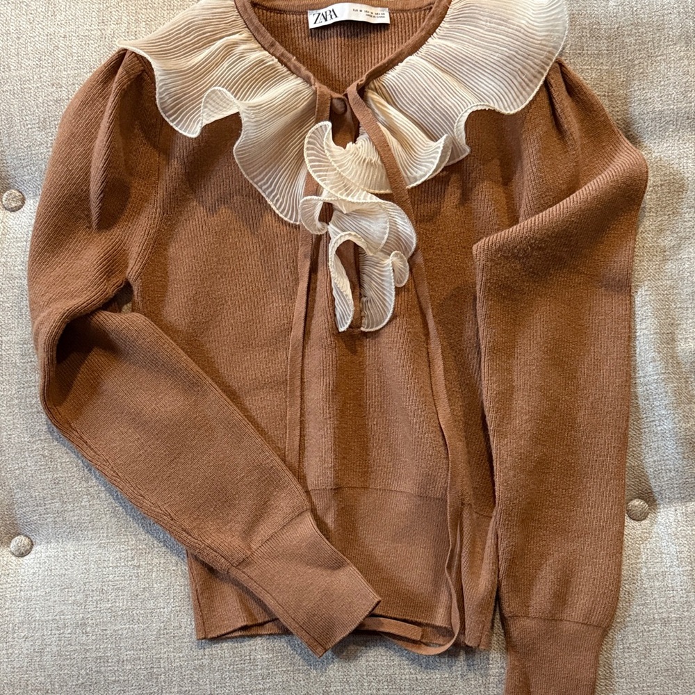 Zara Brown Cardigan with Cream Ruffle Detail